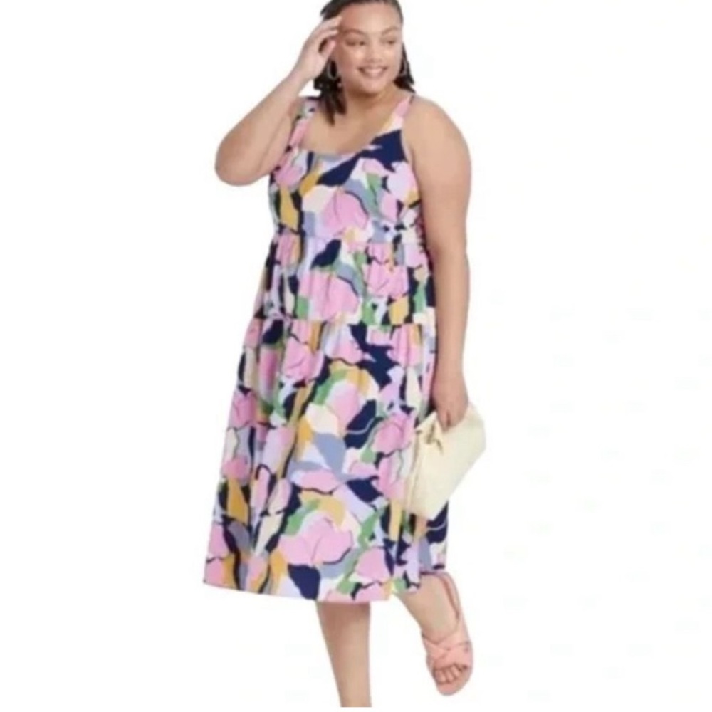 Ava & Viv Plus Size 3X Tie-Back, Tiered Floral Midi Dress with Pockets